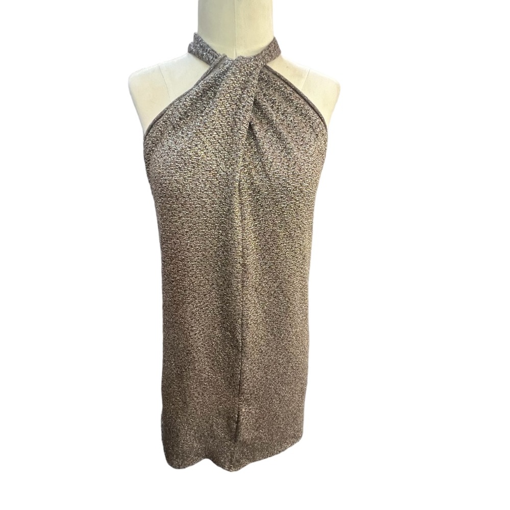 Zara Gold Silver Metallic Italian Yarn Knit Halter Mini Dress Size Medium
